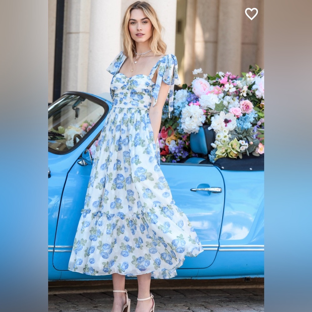 Altar’d State Aria Ruched Maxi Dress Ivory Blue NWT